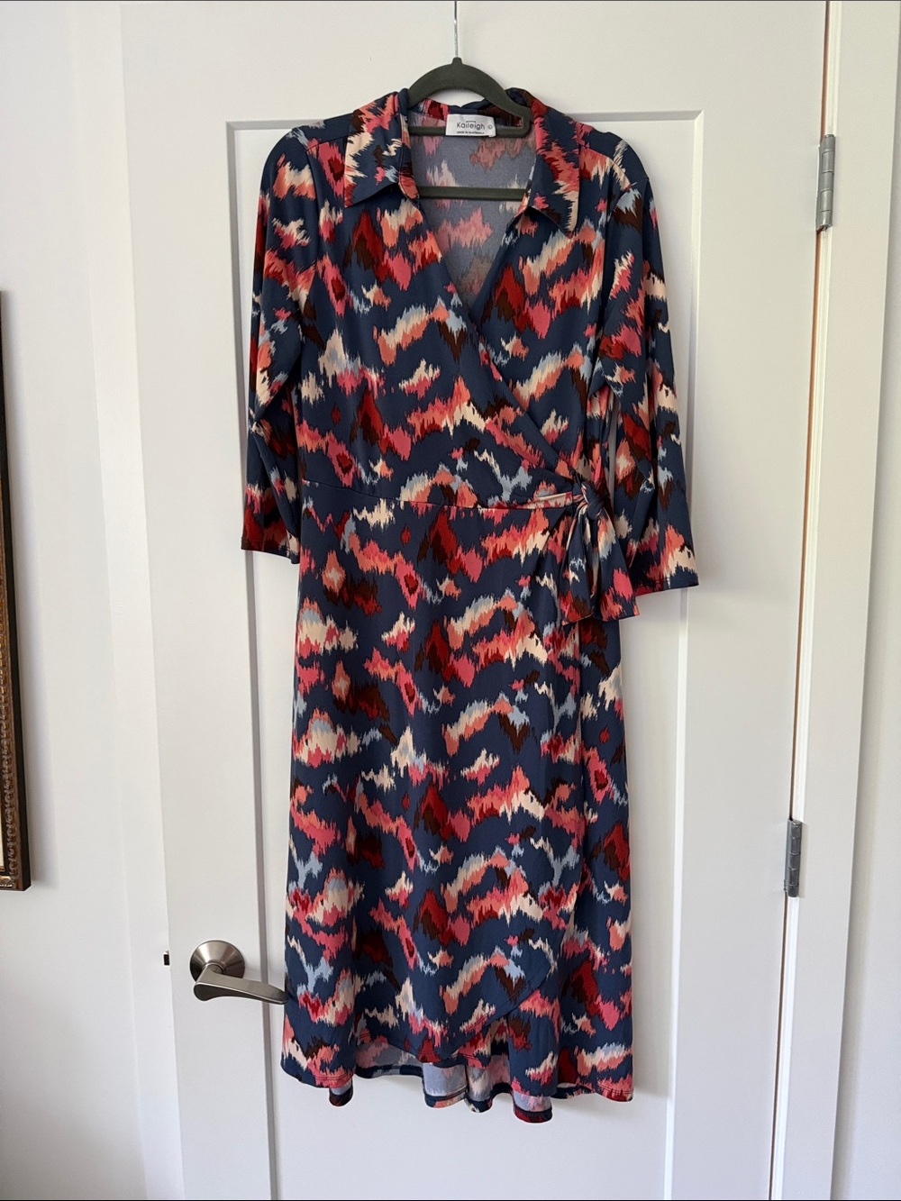 Sandra Darren Navy Wrap Midi Dress with Red & Cream Pattern